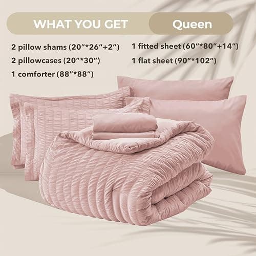 HYMOKEGE Rose Gold Queen Comforter Set, Seersucker Bed in a Bag Queen 7 Pieces, All Season Luxury Bedding Set with Comforters, Sheets, Pillowcases & Shams thumbnail 5