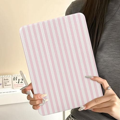 Lovmooful Compatible for iPad 9/8/7 (10.2-Inch,2021/2020/2019 Model,9th/8th/7th Generation) Case with Pencil Holder Cute Striped with Aesthetic Design Soft TPU Trifold Stand Protective-Pink&White thumbnail 7