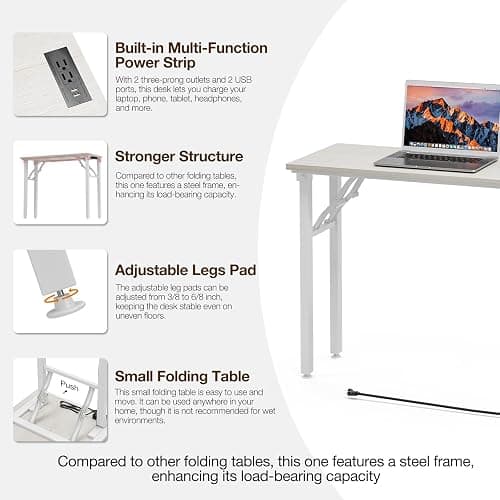 TEMI Small Computer Desk Folding Table - No Assembly, Compact 35.8" Foldable Desk with Power Outlets & USB Charging Port, Portable Small Office Desk, Ideal Mini Study Table for Narrow Spaces,White Ash thumbnail 7