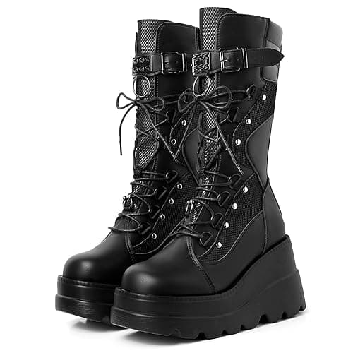 mikarka Womens Holographic Platform Mid Calf Combat Boots Lace Up Wedge Heel Studded Goth Knee High Boots - Image 1