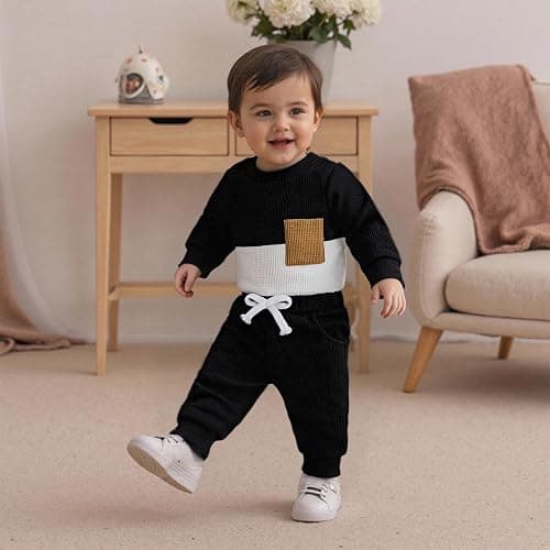 allshope Newborn Baby Boy Fall Outfit Romper Long Sleeve Solid Jumpsuit Bodysuit Elastic Waist Pants Infant Waffle Clothes thumbnail 4