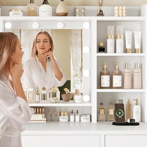 FIONESO Vanity Desk with Mirror and Lights, Power Outlet, Makeup Vanity with 9 Drawers & 6 Open Storage Shelves, 3 Lighting Modes Brightness Adjustable, White thumbnail 6