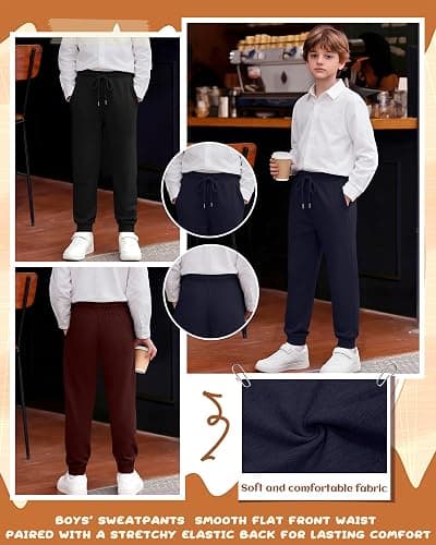 LessonZoo 3 Pack Boy's Sweatpants Kids Joggers Workout Drawstring Teens Athletic Pants Youth Active Trousers with Pockets thumbnail 5