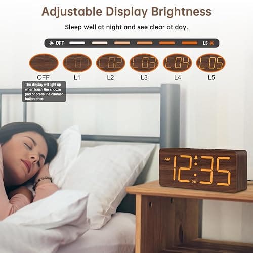 DreamSky Wooden Digital Alarm Clock for Bedroom - Desk Clock with Large Numbers for Living Room Office, Loud Alarm for Heavy Sleepers Adults, Volume Control, Dimmer, DST, Wood Decor (Plug in Clock) thumbnail 5