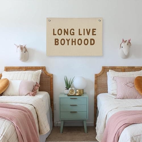 PLKMN Long Live Boyhood Banner, Boy Nursery Decor, Linen Banner Wall Hanging Banner Flag Decor for Nursery Playroom Toddler Room, Boys Kids Room Decor - Sand Beige & Taupe - 01 Long Live Boyhood - Brown Beige thumbnail 5
