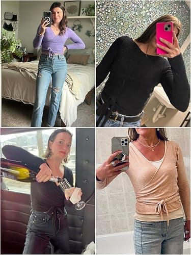 OFSOAK Womens Wool Tie Front Tops Crop Top Solid Long Sleeve Solid V-Neck Lightweight Crochet Cardigan Crop thumbnail 5