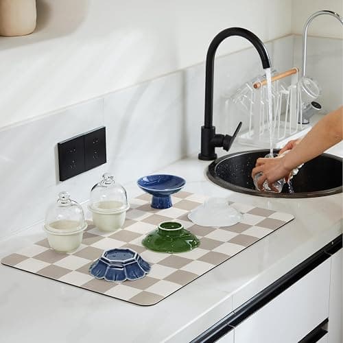 Ohocut Checkered Dish Drying Mat for Kitchen Counter, Coffee Bar Station Accessories, Retro Cute Aesthetic Modern Absorbent Drainer Mat Kitchen Drying Mat Easy Clean, Khaki 16" x 24" thumbnail 2