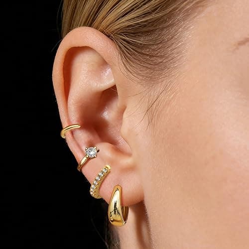 ALLHOLA 6 Pairs 14K Gold Plated Hoop Earrings for Women Hypoallergenic Small Huggie Hoops Earring Set for Sensitive Ears Non Tarnish Trendy Chunky Gold/Silver Earrings Cartilage Stacks for Multiple Piercing Jewelry Lightweight thumbnail 4