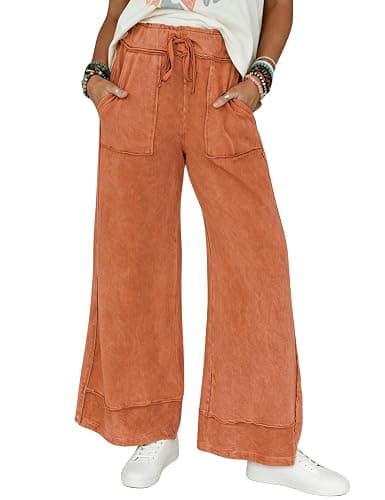 Athlisan Womens Casual Wide Leg Sweatpants Acid Wash Elastic Waisted Palazzo Pants Trousers with Pockets - Image 1
