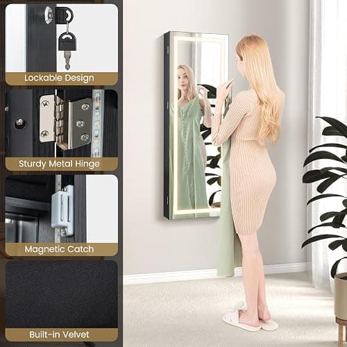 CHARMAID LED Mirror Jewelry Cabinet, Lockable Jewelry Armoire with Adjustable Lighted Full Length Mirror, 3 Lighting Sets, Wall Mounted Door Hanging Jewelry Storage Organizer (Black, 42.5''H) thumbnail 7
