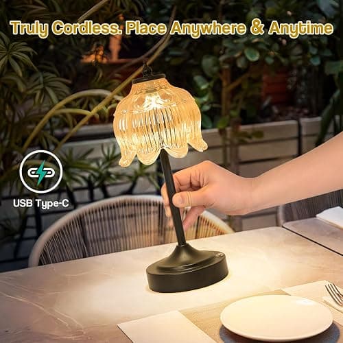 Crkwos Cordless Table Lamp, Rechargeable Amber Glass Lotus Flower Lamp | 5200mAh touch lamp with 3 color modes and stepless dimming, battery operated lamp for nightstands and kitchen counters thumbnail 2