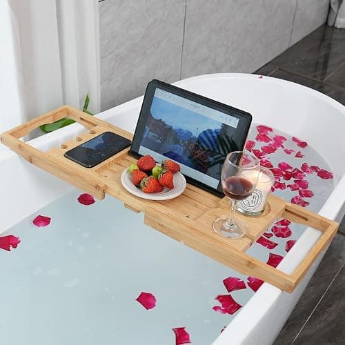 Utoplike Bamboo Bathtub Trays Caddy Bath Tray for Tub, Adjustable Bathroom Bathtub Organizer with Book Tablet Wine Cup Towel Holder, Bathroom Trays thumbnail 4