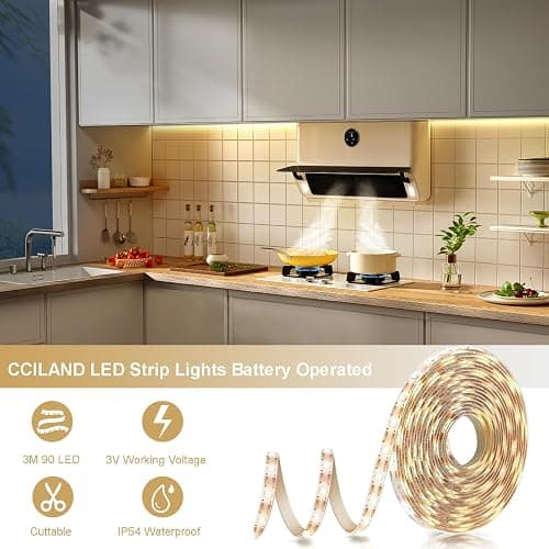 CCILAND 3m Battery LED Strip Lights with Remote Control, 90 LED Lights Strip Waterproof, 8 Modes, Dimmable, Timer, Self-Adhesive, Cuttable for Bedroom Mirror Kitchen Cabinet Patio Decor (Warm White) - Warm White thumbnail 3