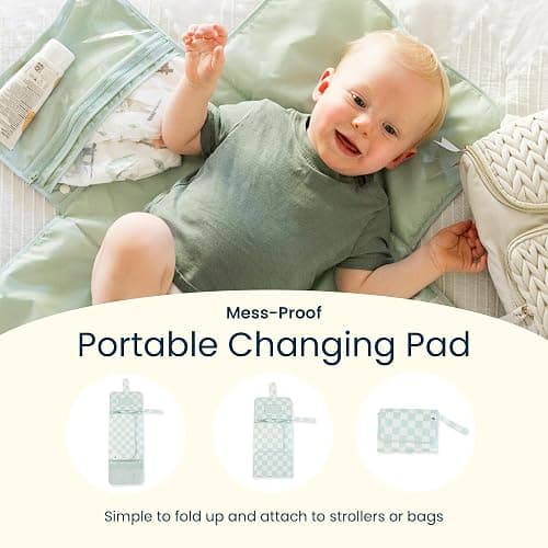 Tiny Twinkle Portable Diaper Changing Pad | Waterproof, Wipeable & Compact Baby Changing Pad for Travel | Smart Wipes Pocket & Organized Storage| Newborn Shower Gift (Sage Checkers) thumbnail 9