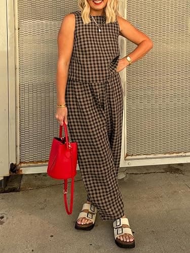 Melliflo Gingham Sets Women 2 Piece Outfits Sleeveless Plaid Loungewear Checkered Crop Tanks and Pant Sets with Pockets thumbnail 4