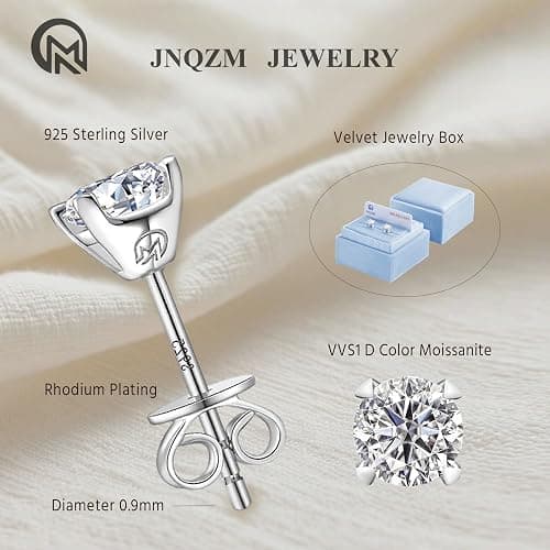 JNQZM 0.2-4 ct Moissanite Earrings, Rhodium Plated 925 Sterling Silver Lab Created Moissanite Diamond Stud Earrings Engagement Jewelry Birthday Gifts for Women Men thumbnail 4