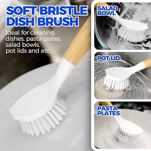 Holikme 3 Pack Dish Brush Set with Bamboo Handle, Kitchen Brushes for Cleaning Pot, Sink and Stove, Skillet Scrubber with Tough Bristles for Cast Iron Grill Pan, Yellow White Black thumbnail 3