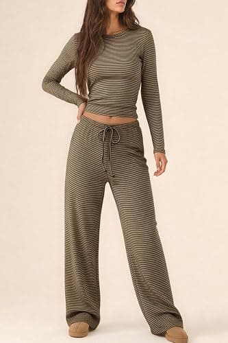 CHYRII Women Two Piece Sets Fall Long Sleeve Striped Lounge Sets Pajamas | Soft Cotton Pajamas Sets,Fitted Long Sleeve Top,Drawstring Wide Leg Palazzo Pants,Comfy Fall Matching Sets thumbnail 3