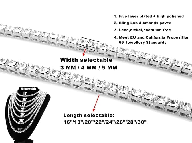 HH BLING EMPIRE Gold Silver Iced Out Diamond Tennis Chain Necklace for Men Women, Rhinestone Tennis Necklaces for Women and Teens, Tennis and Cuban Link Chains 18-30 Inches thumbnail 3