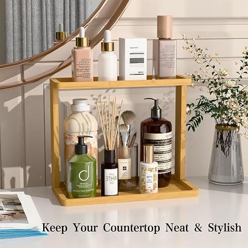 PEKER Bamboo Bathroom Organizer Countertop – Small Vanity Storage Shelf for Makeup, Perfume, Skincare – Natural Cosmetics Display Rack for Dresser, Sink, Kitchen – Natural thumbnail 2