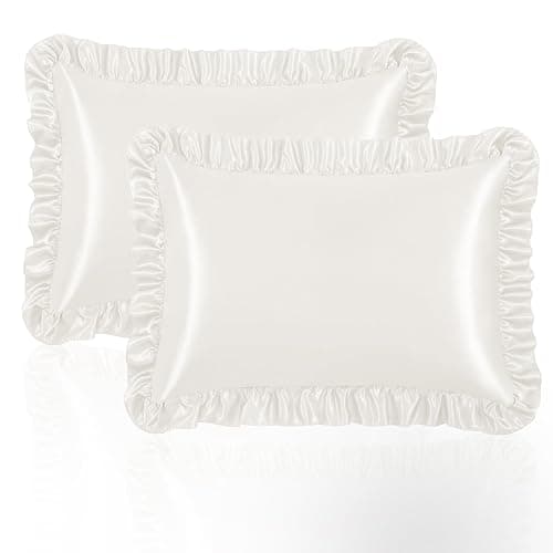 NSGZ Ruffled Satin Pillowcase Set of 2, Standard 20x26 Inch, Ivory White | 3-Inch Ruffled Edge Design, Friction-Reducing Satin For Hair And Skin Care, Envelope Closure, Easy Machine Wash thumbnail 6