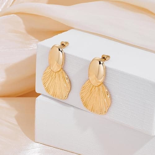 FILMOON Gold Plated Earrings Dangle Chunky Fan-shaped Earrings Shell Earring for Women Two-Tone Fashion Statement Jewelry thumbnail 7