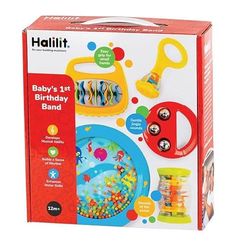 Halilit Baby's First Birthday Band Musical Instrument Gift Set. Includes Ocean Drum, Baby Maraca, Ring My Bell, Rainboshaker & Clip Clap. Music Sensory Baby Toy. Suitable for Boys & Girls 12 Months + thumbnail 2