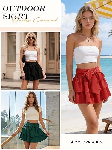 Timormode Women's Girls Bow Mini Skirt Flowy High Waisted Ruffle Hem Short Skirts Cute Boho A-Line Layered Skater Skirt thumbnail 5