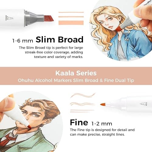 Ohuhu Alcohol Markers Skin Tone Marker Slim Broad and Fine Double Tipped Alcohol-based Marker Set for Artists Adults Coloring Professional Illustration, 24 Portrait Colors Kaala Markers Refillable thumbnail 3