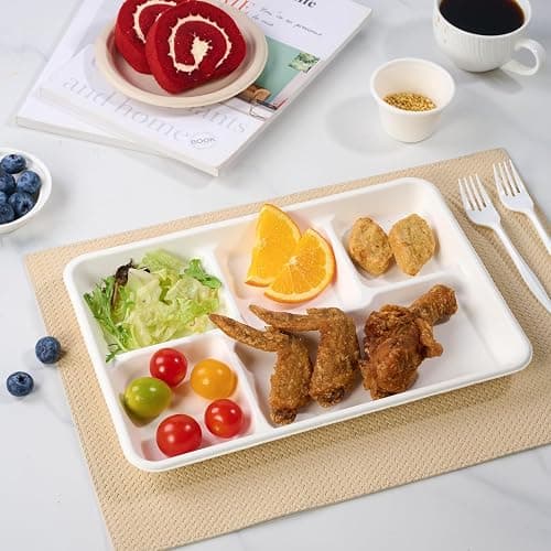 Turbo Bee Disposable 5 Compartment Plates, 100Pack Bagasse Divided Paper Trays, Heavy Duty Serving Plates for School Lunch, Meal Prep, Picnic and Buffet thumbnail 2