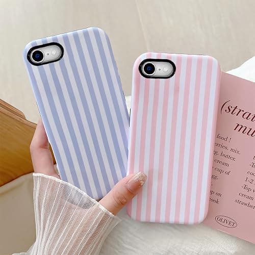 Compatible with iPhone SE /8/7 Cute Phone Case,Striped Aesthetic Pattern Design,Scratch Resistant Hybrid 2-Layer Shockproof Protective Cover for Girls Women-Pink thumbnail 3