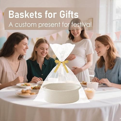 JMvicyroam Woven Basket,Small Rope Storage Bin with Handles & Ribbon Bag, Organizer for Shelves Closets,Gift Basket Empty for Birthday,Books,Dog Toys,White thumbnail 5