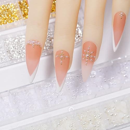HNUIX Nail Art Charms - Metal Silver & Gold Beads, Flat back Round Rhinestones, Small Nail Pearls, 3D Mixed Sizes Decorations for Nails - Pearls gems Rhinestones thumbnail 4