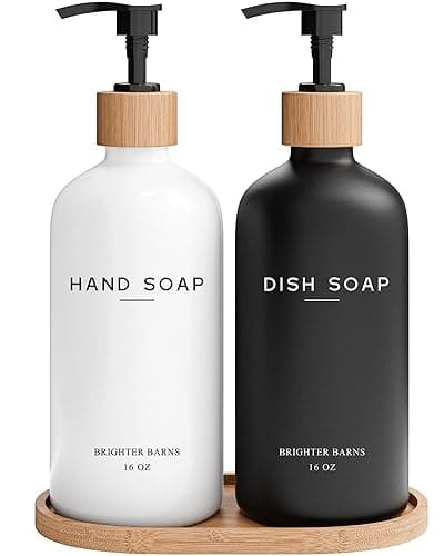 Luxury Glass Hand and Dish Soap Dispenser Set by Brighter Barns - Kitchen Soap Dispenser Set with Tray - Bamboo Pump Bottle for Kitchen Sink - Boho Home Decor, Modern Decor in Restaurant (Black/White) - Hand Dish (Black/White)