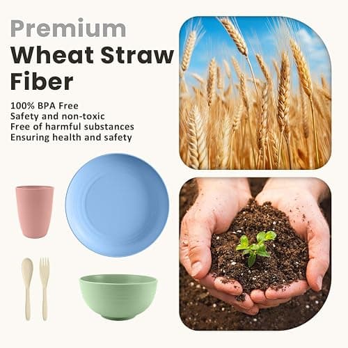 Wheat Straw Dinnerware Sets, 20 PCS Dishes Dinnerware Set Microwave and Dishwasher Safe, Lightweight Unbreakable Dishes, Reusable Dinner Plates Kids Plates and Bowls Sets for Kitchen, Camping - 20 PCS - Multicolor-Light thumbnail 3
