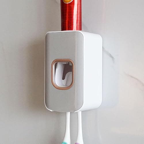 2 Slot Toothbrush Holder and Toothpaste Dispenser Wall Mounted, Automatic Toothpaste Squeezer, 2 in 1 Tooth Brush Toothpaste Organizer for Shower (Light Grey) - Light Grey - 1 - Image 1