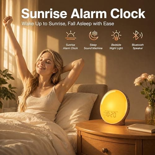 JALL Full-Screen Wake Up Light Sunrise Alarm Clocks for Bedrooms, White Noise Machine for Heavy Sleepers, 25 Natural Sounds, Dual Alarms, FM Radio, 17 Dimmable Colors, Bluetooth Speaker thumbnail 4