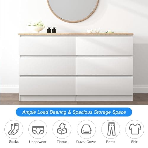 Spaco White Dresser for Bedroom with Oak Top,Modern 6 Drawer Dresser with Deep Drawer,Wide Storage Chest of Drawers,Bedroom Storage Organizer Furniture,TV Stand for Living Room thumbnail 6