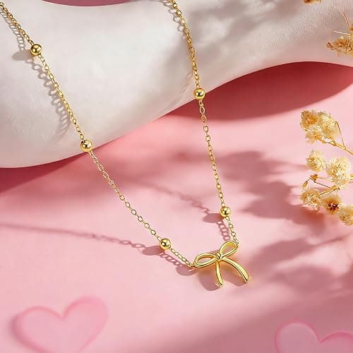 Yoosteel Valentines Gifts for Kids Teen Girls Her - Valentines Day Necklace 14K-Gold-Plated Dainty Bow Necklaces Cute Choker Small Tiny Bow Pendant Necklace Trendy Jewelry Gift for Teenage Girl Women thumbnail 7