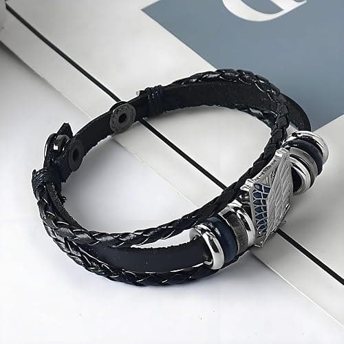 Attack on Titan Wings of Freedom Leather Anime Bracelet Survey Corps Gift | Wings of Freedom zinc alloy emblem, turquoise and silver beads, genuine leather, snap buckles, 8.7 in, 0.4 oz thumbnail 5