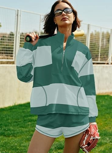 Yanekop Womens Oversized Striped Set Matching Workout Sets Lounge Sets 2 Piece Outfits Half Zip Pullover and Shorts Set thumbnail 5