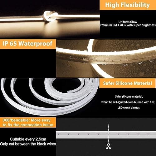Lamomo LED Neon Lights, 12V Neutral White Dimmable LED Strip Lights, 16.4ft/5m Waterproof LED Neon Rope Lights, Silicone 4500K Neon LED Strip for Bedroom Indoor Home Decor (Power Adapter Included) thumbnail 4