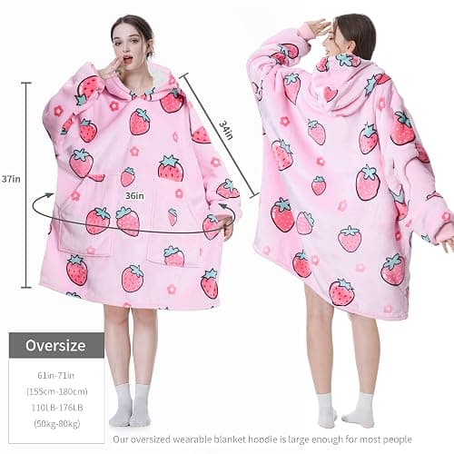 Aemicion Blanket Hoodie for Adults,Super Warm Cozy Giant Wearable Blanket,Thick Sherpa Sweatshirt Blanket with Sleeves as Gifts for Women Mom Teen Girls -Pink Strawberry thumbnail 3