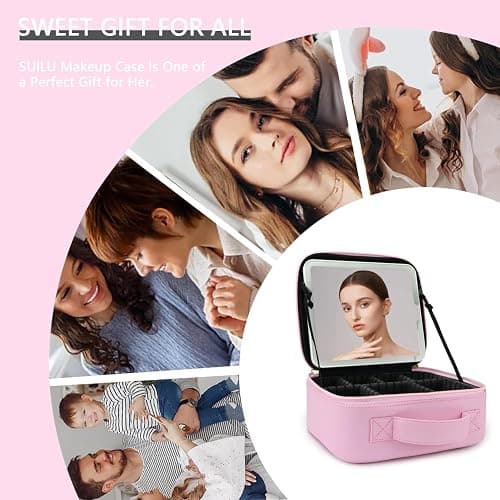 SUILU Makeup Bag with Led Mirror,with 3 Color Setting,Portable Storage and Adjustable Dividers Travel Makeup Bag, for Women and Makeup Artists Large Vanity Makeup Cases-Light Pink thumbnail 6