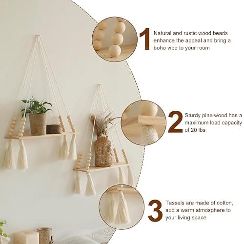 Artilady 2 Pack Wooden Wall Hanging Shelves - Macrame Hanging Plant Shelf with Tassel,Boho Storage Floating Shelves Handmade Rustic Hanger Planter Rack Pot Stand Holder thumbnail 4