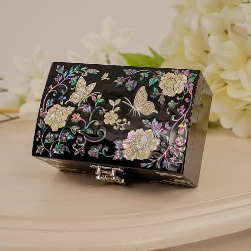 February Mountain Mother of Pearl Small Jewelry Ring Box - Gifts for best friends women, Thank you gifts, mom birthday gifts, Friendship Women Gifts Trinkets Keepsake Treasure box (Black-Butterfly) thumbnail 2