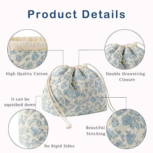 Cotton Quilted Drawstring Makeup Bag with Canvas Lining,Coquette Aesthetic Cute Travel Toiletry Bag,Drawstring Gift Bag for Women and Girls（02Light Blue Flower） thumbnail 5