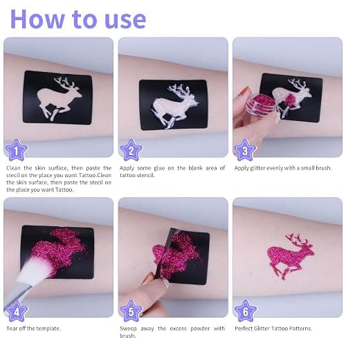 Temporary Glitter Tattoo Kit for Kids & Adults, LCDGTJ 42 Glitter & 6 Fluorescent Color, 209 Stencils, 4 Glue, 5 Brushes, 1 Diamond Sticker, Safe & Easy Removal Face Body Art Birthday Party Supplies thumbnail 6