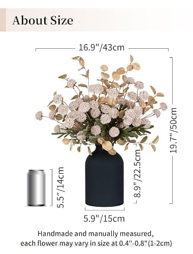 BLOSMON Dining Table Centerpiece Decor: Metal Vase with 12 Stems of Fake Mums Kiku Flower Eucalyptuses for Home - Beige Artificial Pom Poms Faux Floral Arrangements in Vase for Living Room thumbnail 3