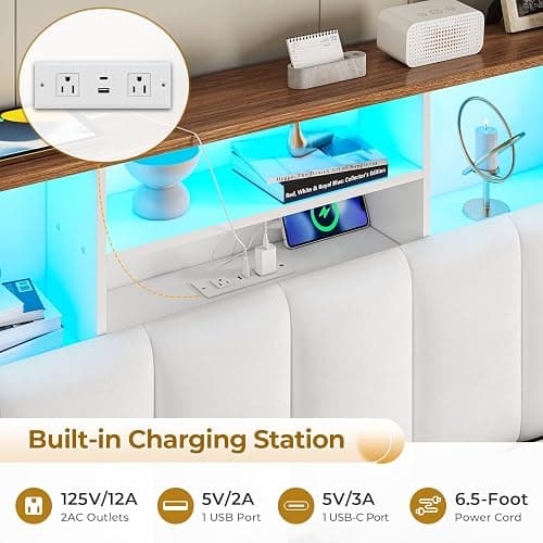 VIAGDO Full Size Bed Frame with Bookcase Headboard, Wooden Bed Frame Full Size with Charging Station, 4 Storage Drawers and LED Lights, with Type-C and USB, No Box Spring Needed, White thumbnail 4